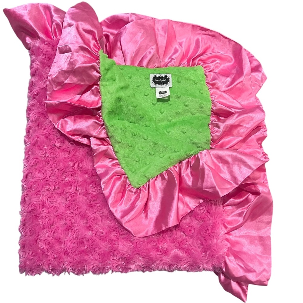 Mud Pie Minky Blanket Bright Pink Swirl & Green Dot Satin Ruffle Trim